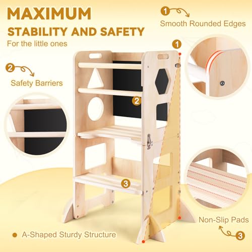 Image of Woodure 3-in-1 Toddler Kitchen Step Stool, Foldable Learning Standing Tower with Blackboard, Wooden Kitchen Stool Helper for Kids