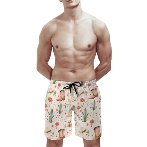 Hawaiian Shorts for Men - Comfy Boots Cowboy Hat Cactus Print Mens Swim Trunks Bathing Suits with Mesh Lining3
