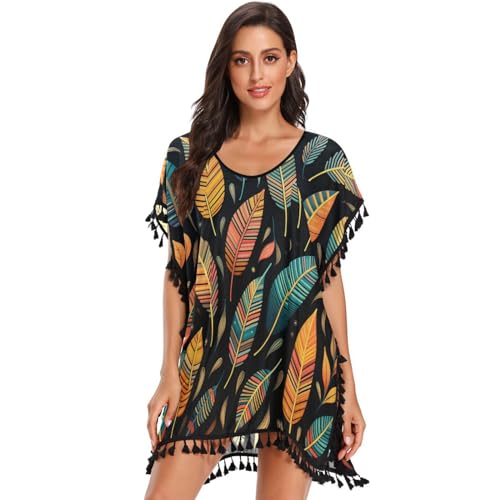 KAAVIYO Colorful Tribal Feathers Women's Beach Cover Up Chiffon Tassel Swimwear Swimsuit Coverups for Girl