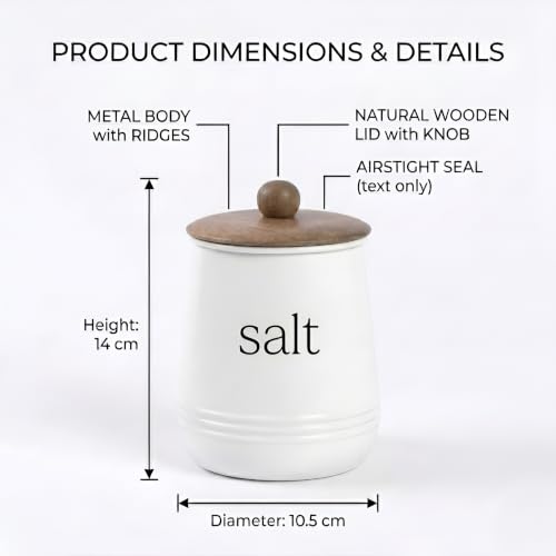 Image of Stylish Airtight Container for Kitchen, Salt Storage,White, Metal with Wooden Lid & Spoon, 1000ml, Canister for Kitchen Counter top | Food-Safe Jar Set (Salt)