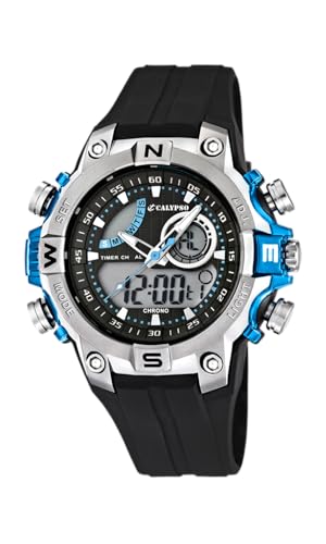 CALYPSO Reloj Digital Hombre Analógico de Caucho Negro   Cuarzo Reloj Deportivo   Calendario   Resistente al Agua 10 ATM Fecha y Calendario, Cronógrafo, Doble Horario, Luz, Alarma K5586/2 Flash Time