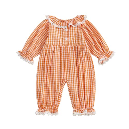 Baby Girl Halloween Outfits Plaid Lace Trim Candy Corn Embroideried Romper Long Sleeve Jumpsuit Fall Clothes2