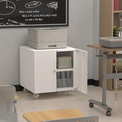Image of Metal Printer Stand, Rolling Table for Printers, Large Printers Table with Storage, Office Printer Stand for Copier, Fax, Heavy Duty Stands with Shelf for School, Workplace, White