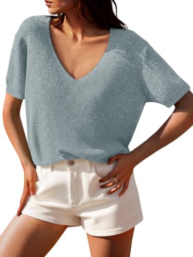 Image of Saodimallsu Womens Short Sleeve Sweater Summer V Neck Casual Tops Lightweight Loose Knit Pullover Shirts