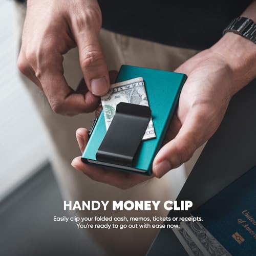 Image of VULKIT Minimalist Wallet with Money Clip RFID Protection Pop Up Card Holder Slim Wallet Credit Card Holder Metal Wallet, Emerald Green