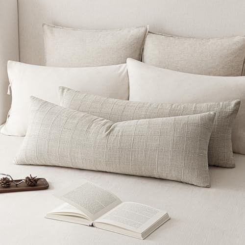 Image of Foindtower Set of 1 Decorative Linen Check Throw Pillow Cover Neutral Long Body Lumbar Cushion Cover Farmhouse Vintage Boho Home Decor for Sofa Chair Couch Bedroom Living Room,14x36 Inch,Light Grey
