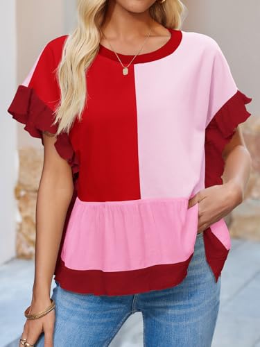 Tankaneo Womens Ruffle Batwing Sleeve Tops Summer Casual Color Block T-Shirts Loose Fit Peplum Babydoll Blouse2