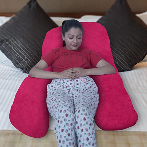 Image of U-Shaped Sleeping Pregnancy Pillow| Removable Washable Velvet Cover with Zipper| PregnoCare Fibres| Maternity, Nursing| Full Body Soft Support Bump, Head, Back, Shoulder, Hip, Legs & Belly (Dark Pink)