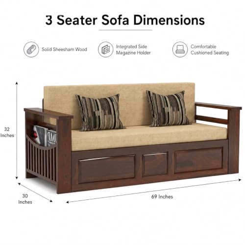 Image of Douceur Furnitures Solid Sheesham Wooden 3 Seater Sofa Cum Bed with Mattress,Cushions & Side Pockets,Wood Foldable Convertible Sofa 3 Seater Diwan Cum Bed for Living Room & Office|Walnut Finish