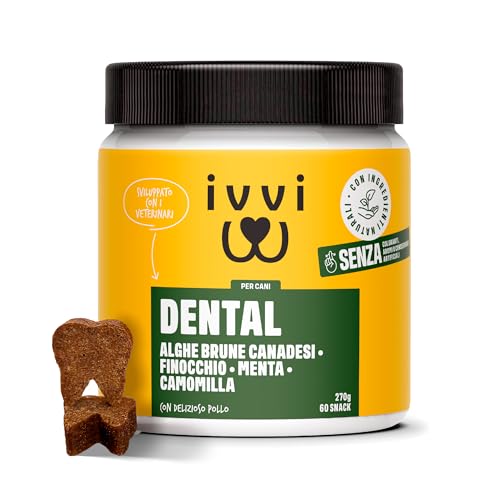 ivvi dental - snack per l'igiene dentale dei cani. Menta, prezzemolo, finocchio, camomilla, olio di cocco, alghe brune. 60 snack con pollo. Favorisce denti sani, alito fresco e gengive sane