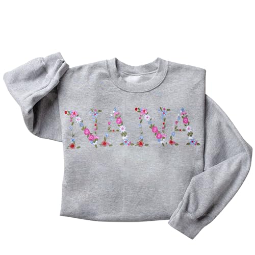 Regamor Embroidery Nana Sweatshirts For Women Gift Sweatshirt From Grandkids Nana Flower Grandma Gift Mothers Christmas 12 Sport Grey cover