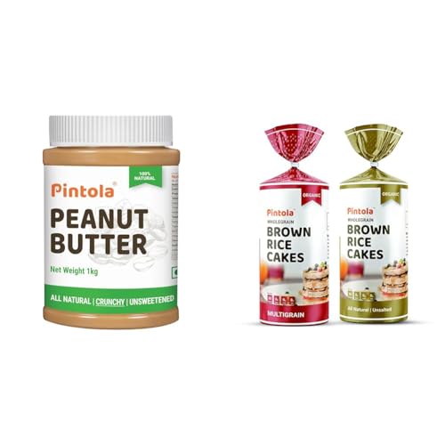 Image of Pintola Combo - All Natural Peanut Butter Crunchy 1Kg + Rice Cakes (Unsalted & Multigrain) (Pack of 2) (130g x 2), 100% Roasted Peanuts butter, Unsweetened, Crunchy Nut Butter With Organic Rice Cakes