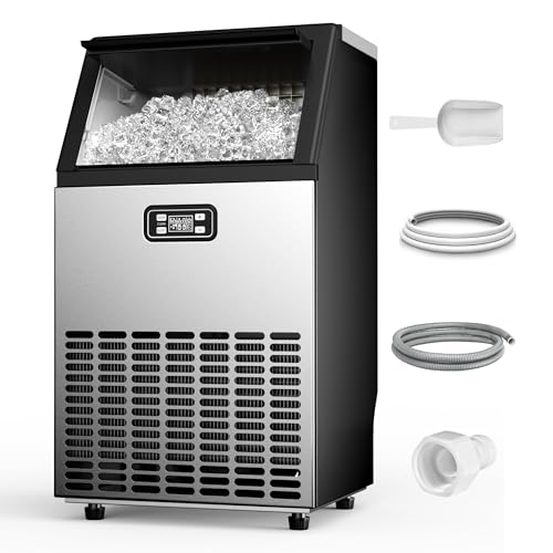 Image of Feelfunn Commercial Ice Maker Machine - 100LBS /24H, 33lbs Storage Capacity, Stainless Steel Freestanding & Under Counter Ice Maker with Self-Cleaning, 24H Timer, Ideal for Home Bar Office Restaurant