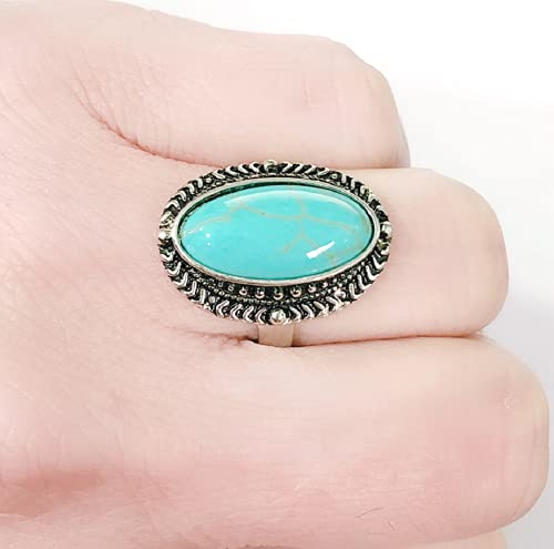 LVSHI 925 Sterling Silver Ring Oval Cut Natural Bohemia Turquoise Jewelry Turquoise Natural Gemstone Bride Wedding Engagement Ring Gifts for Women Size 6-10 (Size 7)