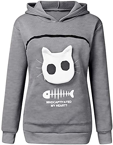 Ducomi Damen-Sweatshirt mit Gürteltasche für Katzen und kleine Hunde, Größe und Kapuze, Oberteil mit Tasche Känguru-Stil, Sportbekleidung für Damen und Herren, Liebhaber und Tiere, Casual, Grau M Cover