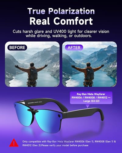Image of 4-Pack Polarized Clip-On Lenses Compatible with Ray-Ban Meta Wayfarer Large (RW4008 /4006 RW4012 53-22), Anti-Glare UV400 Smart Glasses Accessories, Black Brown Blue Silver