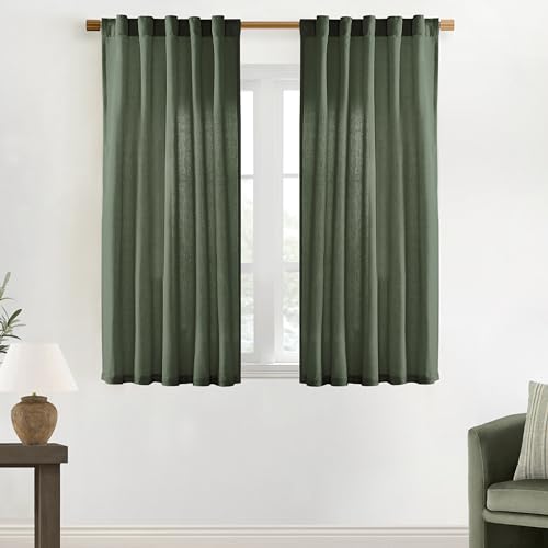 Image of XTMYI Short Curtains for Bedroom,Pole Pocket Back Tab Linen Boho Small Curtain for Kitchen Shower Bathroom Window,54 Inch Length,Dark Olive Green