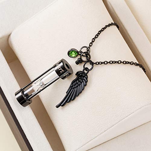 PREKIAR Cremation Urn Necklace for Ashes Timeless Hourglass Memorial Pendant Keepsake Jewelry for Human Pet Ashes with 12 Birthstone Angel Wing3