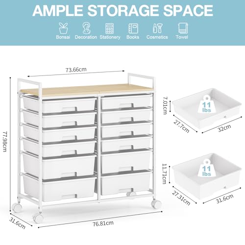 KINGRACK Rollcontainer mit 12 Schubladen und Holzarbeitsplatte, Schubladenschrank für Badezimmer, Küchen, Wohnzimmer und Büros (weiß)