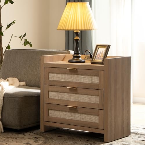 Image of SICOTAS Larger Rattan Night Stand - Tall Nightstands with Type-C Charging Station, 3 Storage Drawers, Boho Bedside Table End Table with Storage for Bedroom Sofa Couch Office - Natural Oak