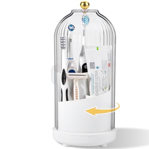 Rotating Toothbrush Holders with Cover Dustproof Toothbrush Holder with Sliding Lid Electric Tooth Brush and Toothpaste Storage for Bathroom Makeup Brush Organizer for Vanity White