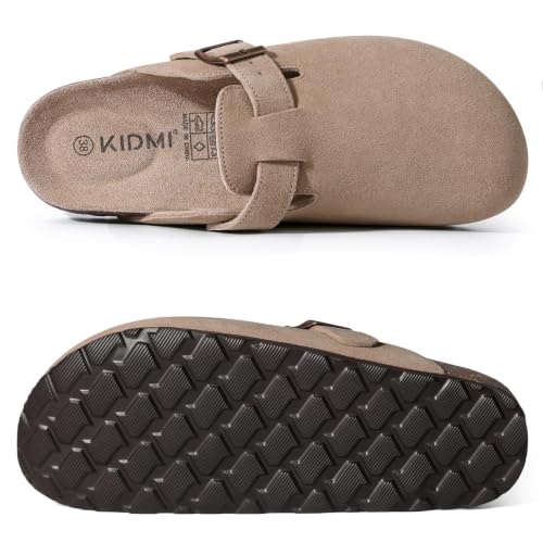 Image of KIDMI Genuine Suede Clogs for Women Men Cork Footbed Mules Potato Shoes | Arch Support, Comfortable, Leather Slip On, Fall, Casual, Indoor Outdoor, Non-slip Rubber Sole, Adjustable Metal Buckle
