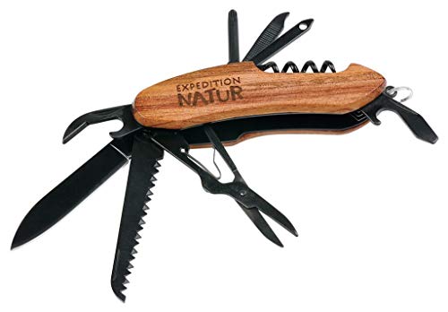 Expedition Natur Outdoor-Taschenmesser mit Holzgriff, 9 in 1 Multifunktionswerkzeug, für Camping und Outdoor, für Kinder ab 8 Jahren, Schwarz-Braun