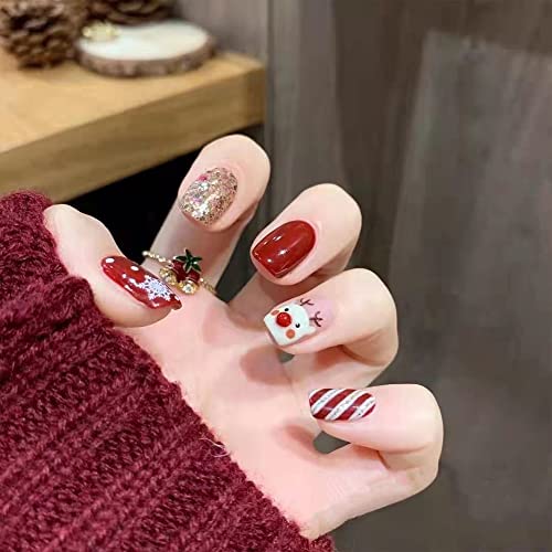 24pcs Christmas Press On Nail Short,Square Fake Nails with Red Gold Elks Snowflake Design Acrylic Nail for Christmas Xm Winter False Nails Glue on Nails Full Cover False Nails for Women