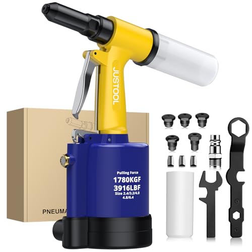 JUSTOOL Remachadora Neumática con 5 Boquillas 2.4mm,3.2mm,4.0mm,4.8mm,6.4mm,1780KGF Pistola de Remachadora Hidraulica Autocebante para la Unión de Materiales