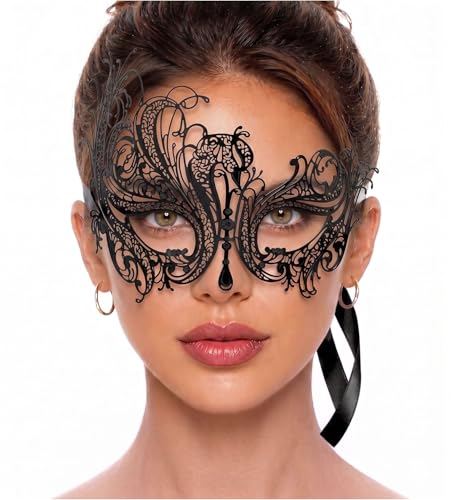 Image of Metal Filigree Masquerade Mask for Women - Swan Style Mask with Rhinestones for Mardi Gras, Prom, Halloween & Venetian Party