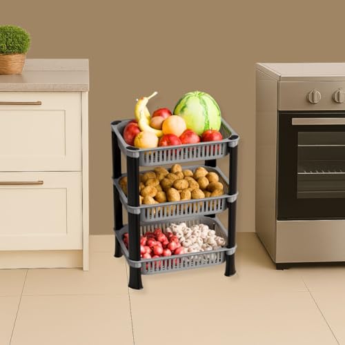Image of Plastic Kitchen Rack, Multipurpose Vegetable & Fruit Storage Basket Organizer for Home, Pantry & Kitchen - Strong & Easy to Assemble (3 Layer, Silver)