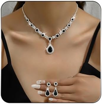Rhinestone Waterdrop Bridal Necklace Earring Set for Women Silver Crystal Wedding Choker Necklace Geometry Teardrop Dangle Drop Earrings Wedding Party Prom Jewelry Set for Bridal Bridesmaid (Black)