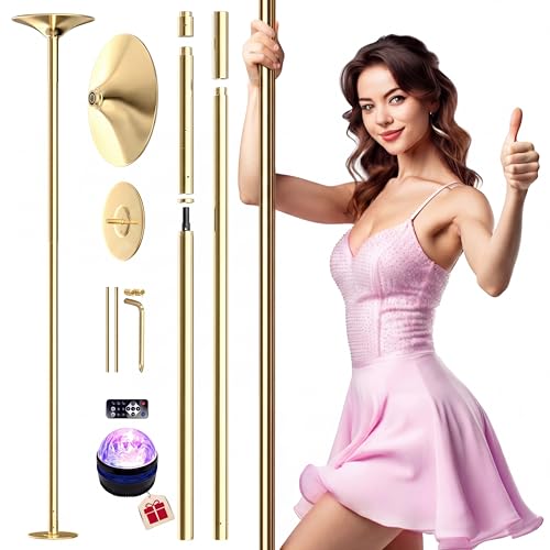 PYY Dance Pole - Adjustable & Portable Stripe Pole for Gym Studio Pub Chrome Finish Spinning & Static Modes No Drilling Required w/Remote LED Stage Lights Golden