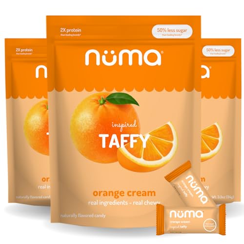 Numa Taffy Candy – Orange Cream Made with Real &amp; Simple Ingredients – Low Sugar, High Protein, Low Calorie, All Natural &amp; Gluten Free Nutritious Taffy – 3 bags with 10 Individually Wrapped Chews Each