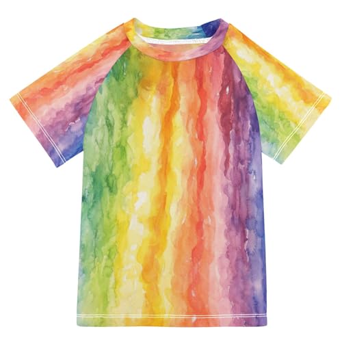 Boys Sun Shirts UV Protection Short Sleeve Rash Guard Swim Shirt Rainbow Water Shirt Rashguard 11-12T,7