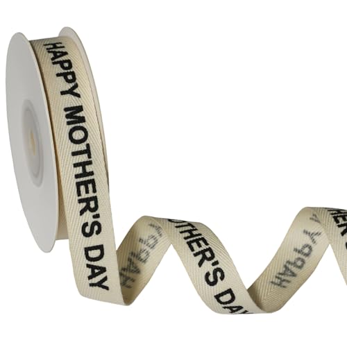 YKW Happy Mothers Day Cotton Ribbon 5/8 Inch x 10 Yard Natural Twill Tape Cream Herringbone Trim for Mom Gifts Flower Bouquets & Special Celebration Wrapping