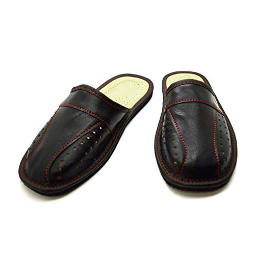 Men's Leather Slippers Shoes Comfort Sandals Slip On Mules Black (Size UK 9)