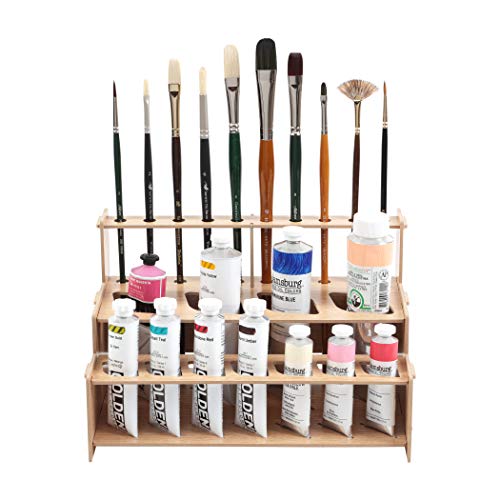 Image of HG Art Concepts Mezzo Artist Paint and Brush Racks - Wood Grain Laminate Multi Layer Desk Stand Professional Storage Display Organizer for Paintbrushes and Tubes - Straight Rack 1