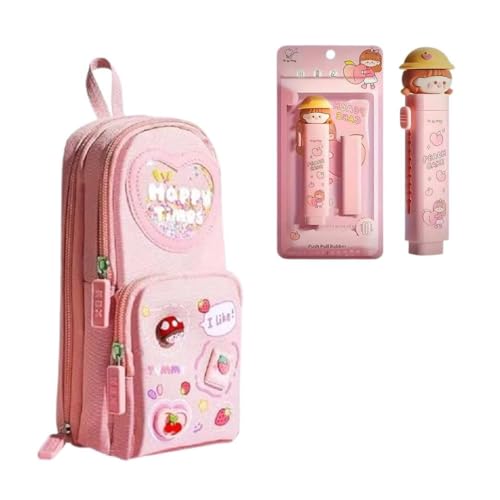 Image of Canvas School Bag Pencil Case, 3 Layer 6 Compartment Large Capacity, Aesthetic Pencil Pouch for Stationary, Cute Stationery for Kids, Pencil Case for Girls & Boys