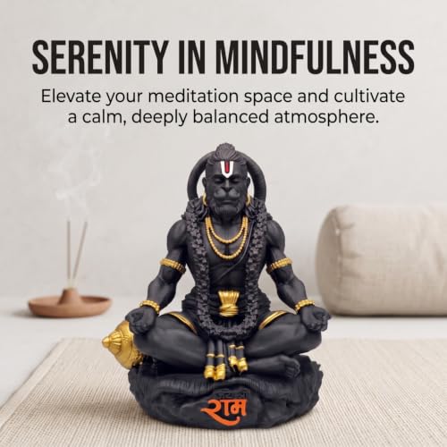 Image of Golden Legacy Meditating Black and Gold Hanuman Idol - 3.25 Inch Divine Seated Bajrangbali Murti with Gada for Car Dashboard, Home Mandir, Office Desk - Auspicious Vastu Showpiece and Spiritual Gift