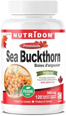 Nutridom Sea Buckthorn 500mg, Non-GMO, Vegan, Free of Gluten, Soy & Dairy, Provides Antioxidant (120 Veggie powder capsules)