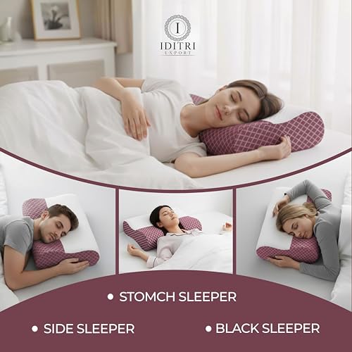 Image of Neck Support Pillow, Memory Foam Contour Design for Sleeping, Orthopedic Cervical Support for Side and Back Sleepers, Slow Rebound, Washable Cover, Mroon, 48 x 30 cm, Daily