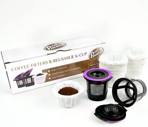 Podmate Reusable K Cup Coffee Pods with Disposable Coffee filters Fit for Keurig, 2 Pack Refillable k cups+100 Counts Single Serve Coffee Filters for K cup
