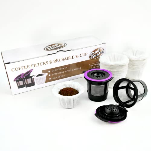 Podmate Reusable K Cup Coffee Pods With Disposable Coffee Filters Fit For Keurig, 2 Pack Refillable K Cups+100 Counts Single Serve Coffee Filters For K Cup #TOP3
