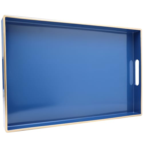 Spsyrine Blue Decorative Serving Tray with Handles, Elegant Plastic Coffee Table Tray for Ottoman, Living Room, Home Decor 15.6" X 10.2"