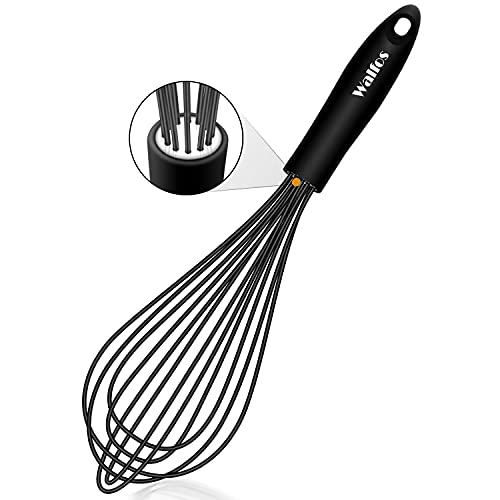 Walfos Fouet en silicone noir de 12" - Fouet en acier inoxydable - Fouet en silicone - Fouet de cuisine pour mélanger, fouet, fouet, fouet, fouet, fouet, fouet, mousser et remuer Cover