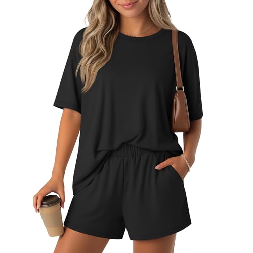JoyMotion Women's 2 Piece Outfit Set Short Sleeve Pullover and Shorts Summer Travel Tracksuit