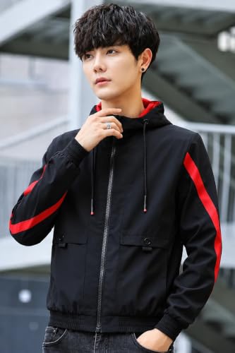 Image of Men's Hooded Windbreaker Jacket Lightweight Full Zip Color Block Casual Coat Water Resistant Outdoor Sports Hiking Running Travel Fashion Hoodie for Men