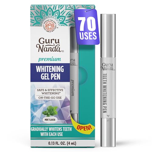 Image of GuruNanda Teeth Whitening Pen - Helps Remove Surface Stains from Coffee, Tea & Wine, Up to 70 Uses, Precision Brush Applicator, Travel-Friendly Whitening Gel Pen, Mint Flavor, 4 mL