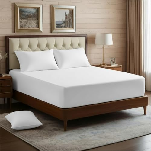 Image of Elastic Fitted Bedsheet King Size Bed with 2-Pillow Covers 100% Egyptian Cotton Fits 1000 TC Soft & Breathable Luxurious Bedrooms and Hotels Use (White) (Size: 75x72 Inch)